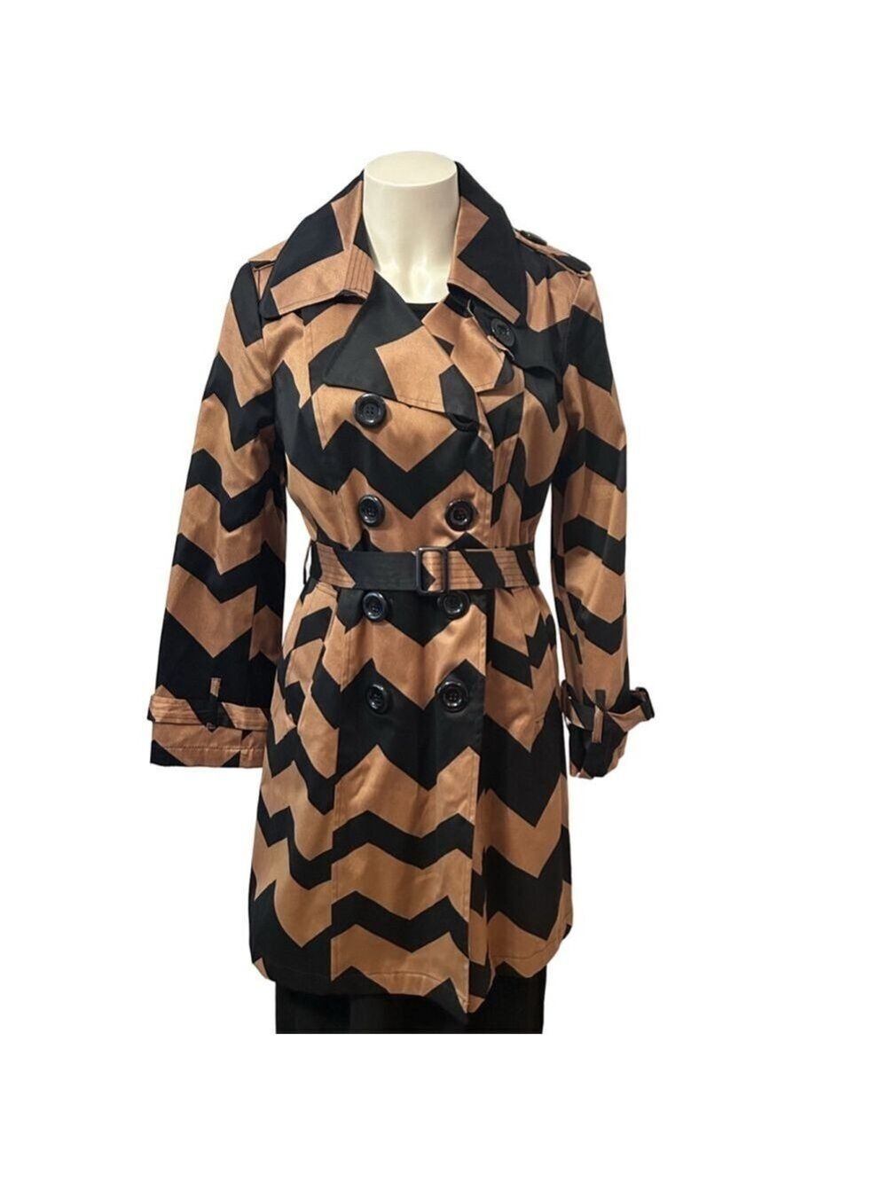 John Paul Richard Petite Brown Black Chevron Trench Coat Belted MP